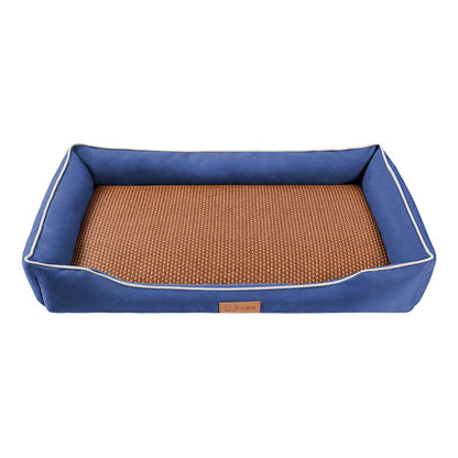 Blue Rectangular Pet Bed with Removable Cooling Mat – Durable 600D Oxford Fabric Dog & Cat Bed, High-Rebound PP Cotton Filling, Non-Slip Base, for Medium to Large Breeds, Includes Free Cooling Pad(Size:M)