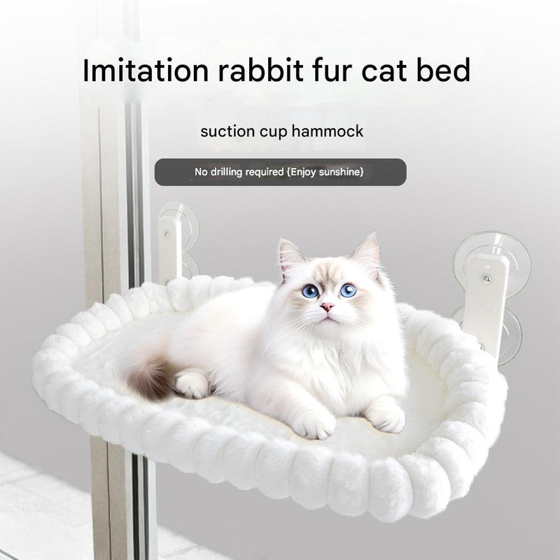 White Plush Cat Window Hammock with Strong Suction Cups, Faux Rabbit Fur Pet Bed for Cats and Small Dogs, Space-Saving Foldable Hanging Cat Perch for Sunbathing and Relaxation - view 2