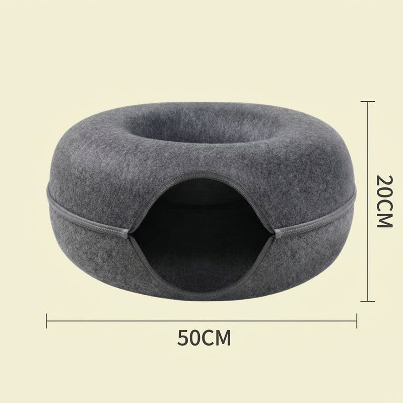 Beige Felt Donut Cat Bed with Zipper Tunnel Toy, Double-Layer Pet Cave for Cats, M Size (50x20cm), Cozy Hideaway for Indoor Cats - view 6