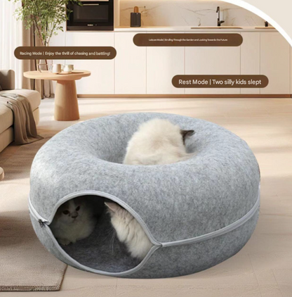 Sky blue Felt Donut Cat Bed with Zipper Tunnel Toy, Double-Layer Pet Cave for Cats, M Size (50x20cm), Cozy Hideaway for Indoor Cats - view 5
