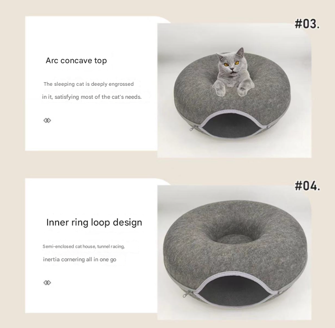 Light grey Felt Donut Cat Bed with Zipper Tunnel Toy, Double-Layer Pet Cave for Cats, M Size (50x20cm), Cozy Hideaway for Indoor Cats - view 3