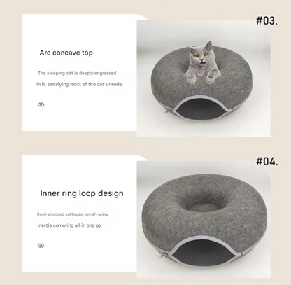Light grey Felt Donut Cat Bed with Zipper Tunnel Toy, Double-Layer Pet Cave for Cats, M Size (50x20cm), Cozy Hideaway for Indoor Cats - view 3