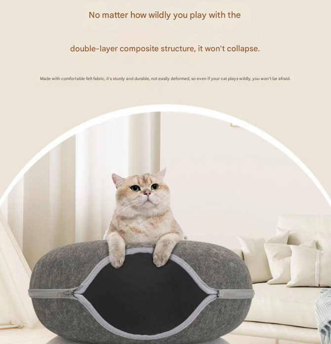 Dark grey Felt Donut Cat Bed with Zipper Tunnel Toy, Double-Layer Pet Cave for Cats, M Size (50x20cm), Cozy Hideaway for Indoor Cats - view 4