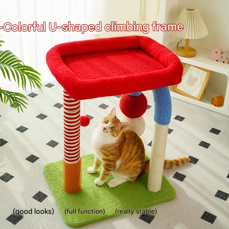Colorful U-Shaped Cat Tree with Sisal Scratching Posts, Multi-Level Perch & Hanging Ball Toy - Compact Cat Climbing Frame for Small Spaces, Durable Fabric & Wood Construction for Kittens & Adult Cats - view 5
