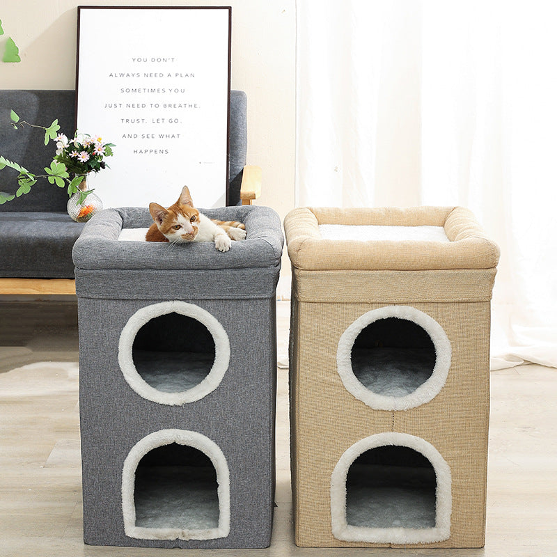 Beige 3-Story Villa Cat House with Scratching Posts - Foldable Double-Decker Cat Condo, Warm & Breathable All-Season Pet Bed, Multi-Functional Play & Sleep Space, Durable Easy-Clean Fabric - view 2