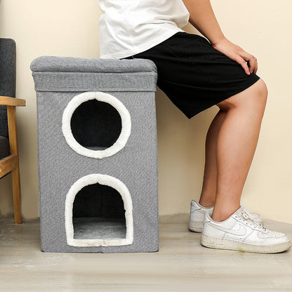 Beige 3-Story Villa Cat House with Scratching Posts - Foldable Double-Decker Cat Condo, Warm & Breathable All-Season Pet Bed, Multi-Functional Play & Sleep Space, Durable Easy-Clean Fabric - view 3