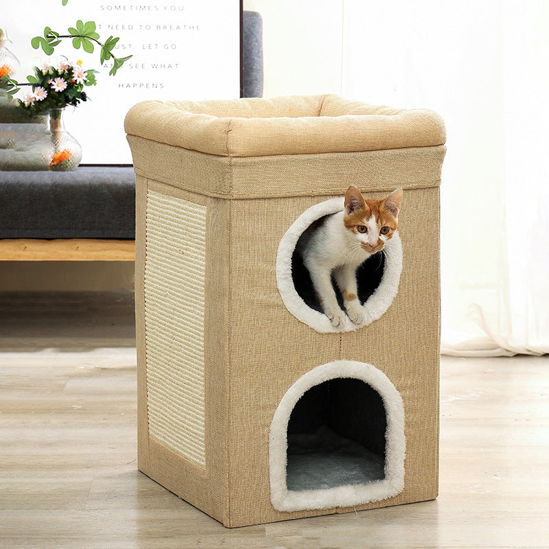 Beige 3-Story Villa Cat House with Scratching Posts - Foldable Double-Decker Cat Condo, Warm & Breathable All-Season Pet Bed, Multi-Functional Play & Sleep Space, Durable Easy-Clean Fabric - view 4