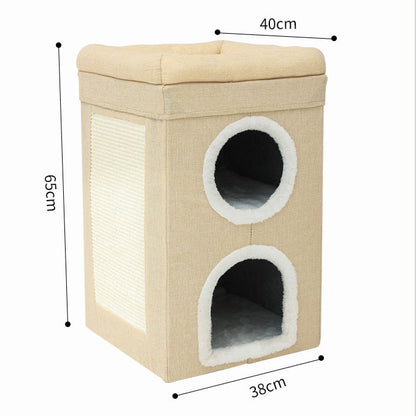 Beige 3-Story Villa Cat House with Scratching Posts - Foldable Double-Decker Cat Condo, Warm & Breathable All-Season Pet Bed, Multi-Functional Play & Sleep Space, Durable Easy-Clean Fabric - view 7