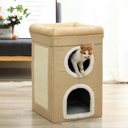 Grey 3-Story Villa Cat House with Scratching Posts - Foldable Double-Decker Cat Condo, Warm & Breathable All-Season Pet Bed, Multi-Functional Play & Sleep Space, Durable Easy-Clean Fabric - view 4