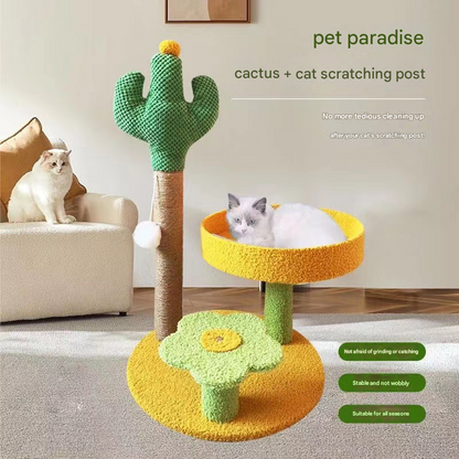 Yellow Cactus Pineapple Cat Tree with Scratching Post & Cozy Perch - Multi-Level Cat Tower with Flower Platform and Hanging Ball for Indoor Cats - view 2