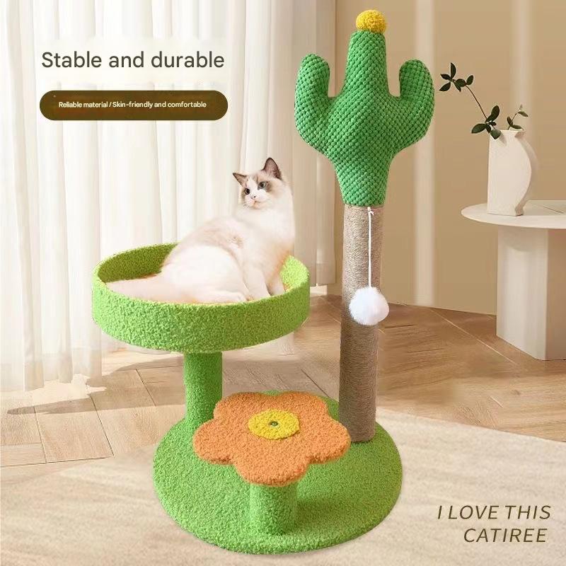 Yellow Cactus Pineapple Cat Tree with Scratching Post & Cozy Perch - Multi-Level Cat Tower with Flower Platform and Hanging Ball for Indoor Cats - view 4