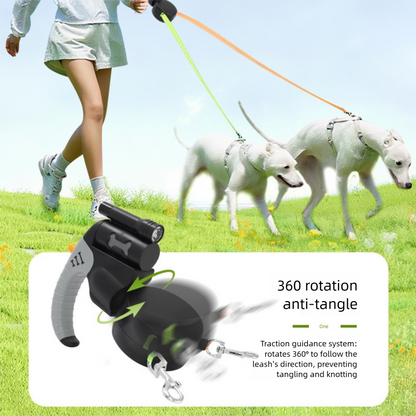 Blue Dual Retractable Dog Leash - Tangle-Free 360 Degree Rotation - Built-in LED Flashlight, Individual Brake and Lock System for Two Dogs, Safety for Night Walking and Outdoor Training - view 3