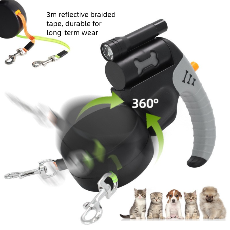 Purple Dual Retractable Dog Leash - Tangle-Free 360 Degree Rotation - Built-in LED Flashlight, Individual Brake and Lock System for Two Dogs, Safety for Night Walking and Outdoor Training - view 4