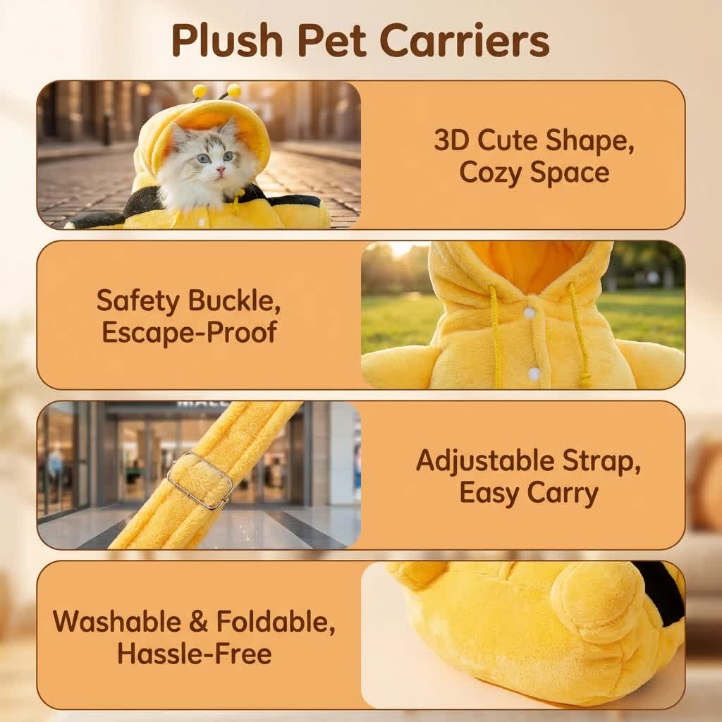 S Size Cute Bee Windproof Insulated Pet Shoulder Bag with Security Buckle - Soft Reversible Flannel Tote for Small Dogs & Cats Up to 2KG - view 3