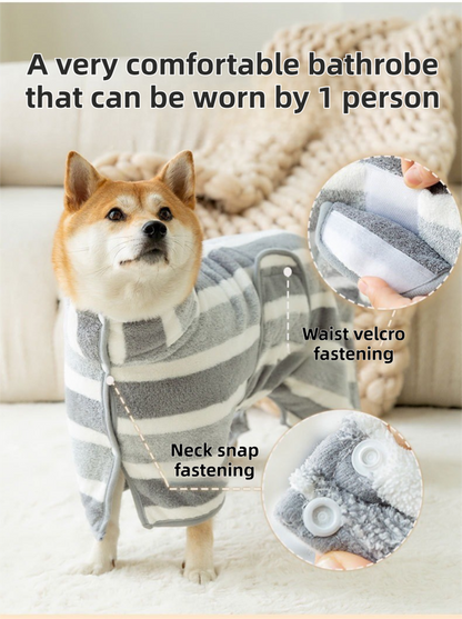 Grey Stripes Super Absorbent Pet Bathrobe with Waist Belt & Neck Snap - Full Coverage Quick-Drying Towel for Dogs & Cats (M Size) - view 3