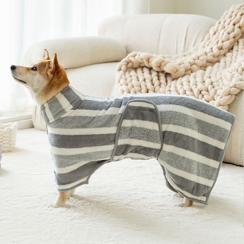 Brown Stripes Super Absorbent Pet Bathrobe with Waist Belt & Neck Snap - Full Coverage Quick-Drying Towel for Dogs & Cats (M Size) - view 2