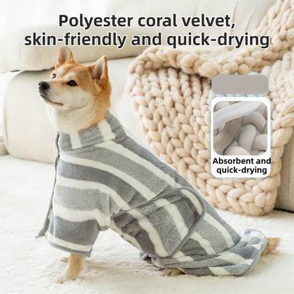 Brown Stripes Super Absorbent Pet Bathrobe with Waist Belt & Neck Snap - Full Coverage Quick-Drying Towel for Dogs & Cats (M Size) - view 3