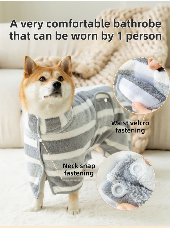 Brown Stripes Super Absorbent Pet Bathrobe with Waist Belt & Neck Snap - Full Coverage Quick-Drying Towel for Dogs & Cats (M Size) - view 4