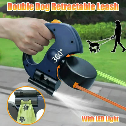 Brown and Grey One-to-Two Retractable Dog Leash with One-Click Safety Lock & Night Light - 3M Tangle-Free 360° Rotation Walking Leash - view 2