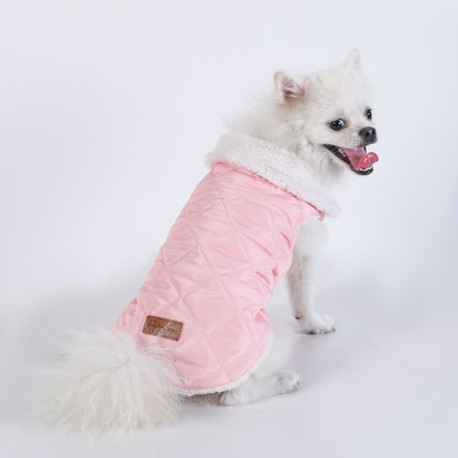 L Size Pink Winter Padded Cotton Dog Thermal Plaid Vest with Faux Fur Collar - Thick Fleece-Lined Warm Pet Jacket - view 2