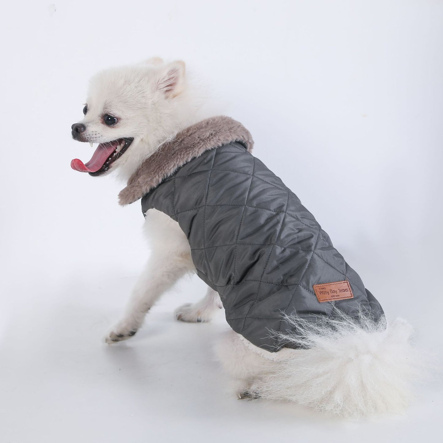 L Size Grey Winter Padded Cotton Dog Thermal Plaid Vest with Faux Fur Collar - Thick Fleece-Lined Warm Pet Jacket - view 2