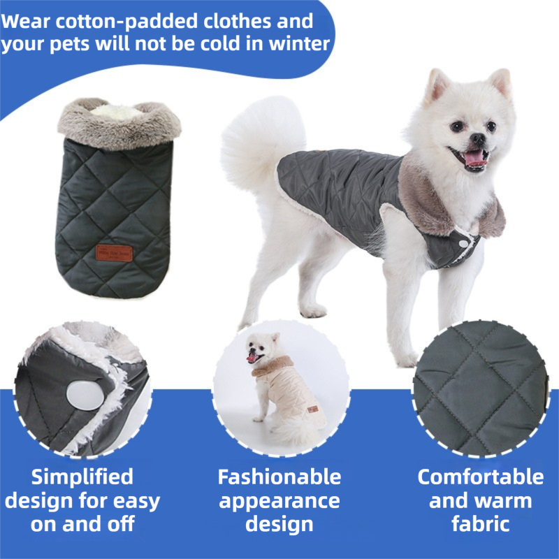 L Size Grey Winter Padded Cotton Dog Thermal Plaid Vest with Faux Fur Collar - Thick Fleece-Lined Warm Pet Jacket - view 3