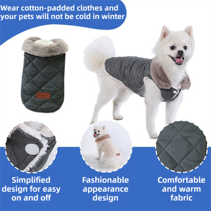 L Size Grey Winter Padded Cotton Dog Thermal Plaid Vest with Faux Fur Collar - Thick Fleece-Lined Warm Pet Jacket - view 3