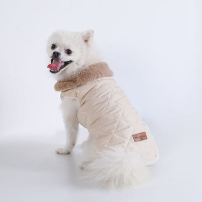 M Size Beige Winter Padded Cotton Dog Thermal Plaid Vest with Faux Fur Collar - Thick Fleece-Lined Warm Pet Jacket - view 2