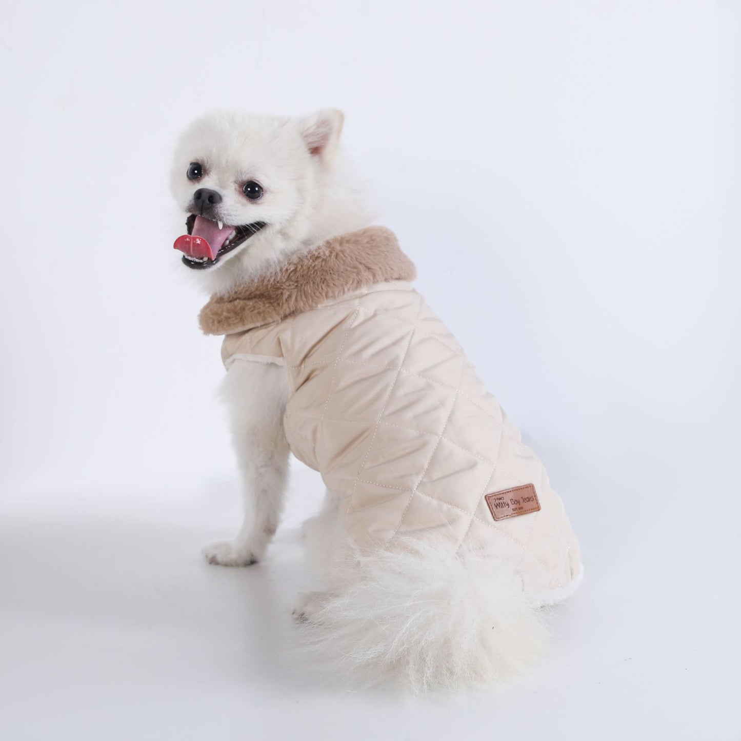 L Size Beige Winter Padded Cotton Dog Thermal Plaid Vest with Faux Fur Collar - Thick Fleece-Lined Warm Pet Jacket - view 2