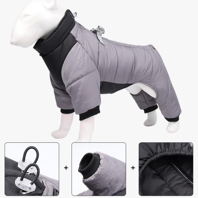 M Size Grey Winter Waterproof Dog 4 Leg Jumpsuit for Full Body Warmth - Reflective Windproof Pet Puffer Coat with Integrated Harness - view 3