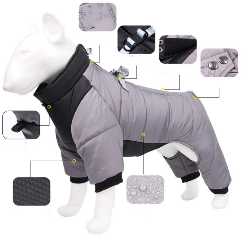 3XL Size Orange Winter Waterproof Dog 4 Leg Jumpsuit for Full Body Warmth - Reflective Windproof Pet Puffer Coat with Integrated Harness - view 2