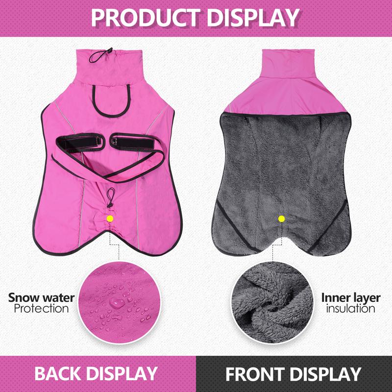 M Size Dark Blue Winter Waterproof Dog Puffer Vest with Adjustable Neckline / Belt and Leash Access - Reflective Long-Pile Fleece Lined Warm Cloak - view 6