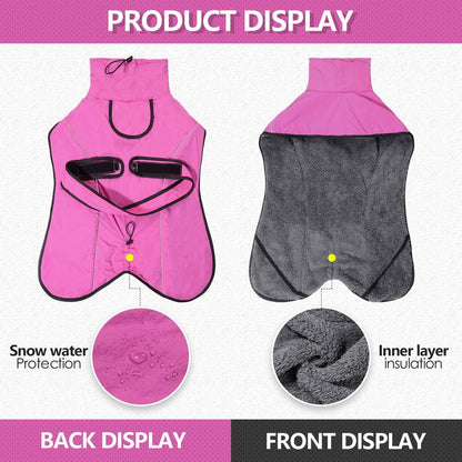 3XL Size Dark Blue Winter Waterproof Dog Puffer Vest with Adjustable Neckline / Belt and Leash Access - Reflective Long-Pile Fleece Lined Warm Cloak - view 6