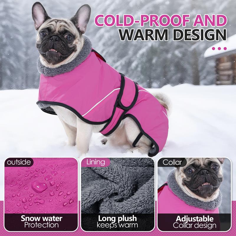 M Size Rose Red Winter Waterproof Dog Puffer Vest with Adjustable Neckline / Belt and Leash Access - Reflective Long-Pile Fleece Lined Warm Cloak - view 3