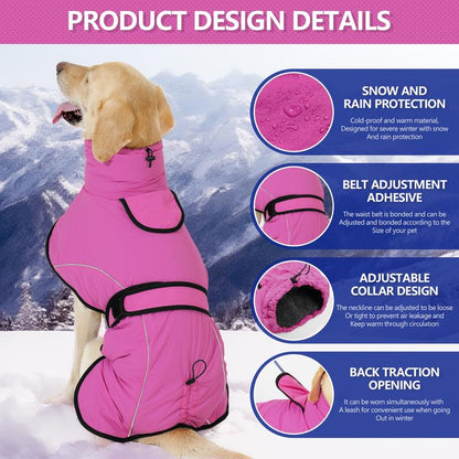 XL Size Rose Red Winter Waterproof Dog Puffer Vest with Adjustable Neckline / Belt and Leash Access - Reflective Long-Pile Fleece Lined Warm Cloak - view 2