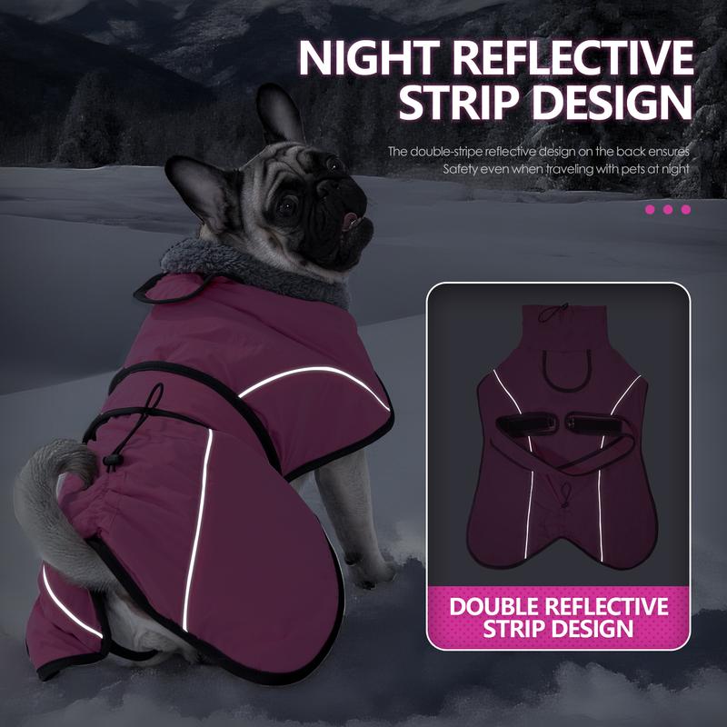 3XL Size Rose Red Winter Waterproof Dog Puffer Vest with Adjustable Neckline / Belt and Leash Access - Reflective Long-Pile Fleece Lined Warm Cloak - view 5