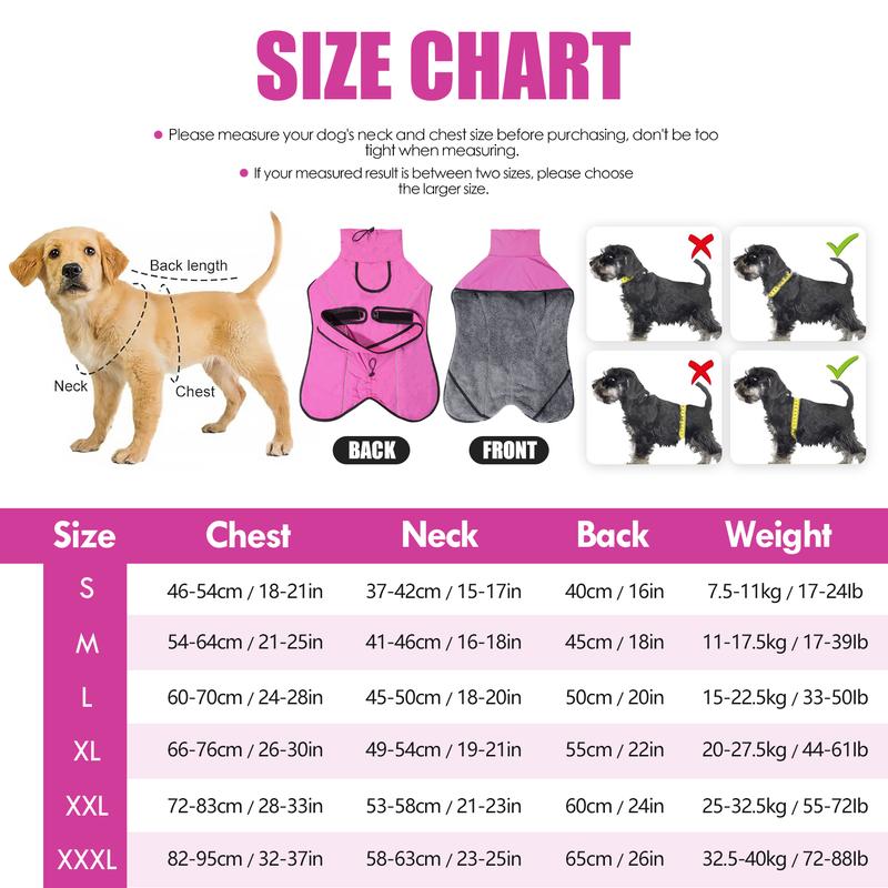 3XL Size Rose Red Winter Waterproof Dog Puffer Vest with Adjustable Neckline / Belt and Leash Access - Reflective Long-Pile Fleece Lined Warm Cloak - view 7