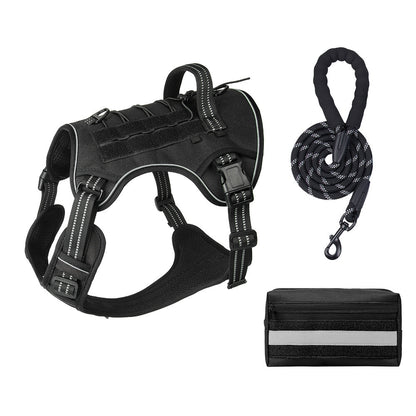 3-Piece Black Tactical Dog Harness Set (S Size) - Heavy Duty No-Pull Vest with Detachable Tactical Pouch & Climbing Rope Leash
