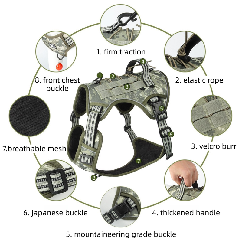 3-Piece Green Tactical Dog Harness Set (S Size) - Heavy Duty No-Pull Vest with Detachable Tactical Pouch & Climbing Rope Leash - view 3