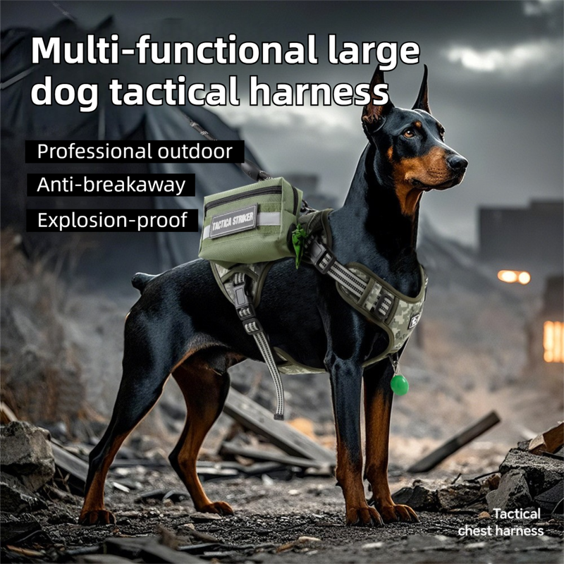 3-Piece Green Tactical Dog Harness Set (XL Size) - Heavy Duty No-Pull Vest with Detachable Tactical Pouch & Climbing Rope Leash - view 2