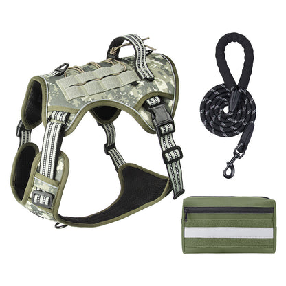 3-Piece Camouflage Tactical Dog Harness Set (S Size) - Heavy Duty No-Pull Vest with Detachable Tactical Pouch & Climbing Rope Leash
