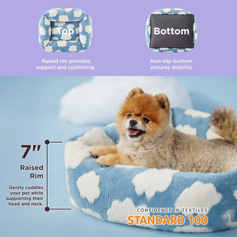 91x68x20 CM Cute Square Plush Pet Bed with Removable Cover & 5 Bolsters Support - Green Daisies Machine Washable Calming Dog & Cat Sofa - view 3