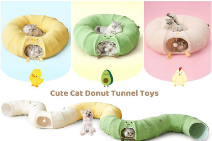 White Cute Foldable Cat Tunnel Bed with Dual-Zipper Detachable & Connectable Design - 2-in-1 Versatile Circular Doughnut Nest & S-Curve Play Center, Easy Fold-Away Storage (85x85x26CM) - view 2