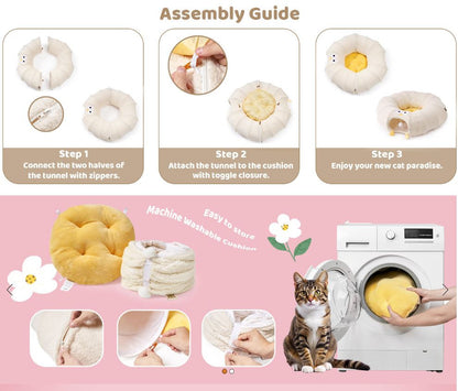 White Cute Foldable Cat Tunnel Bed with Dual-Zipper Detachable & Connectable Design - 2-in-1 Versatile Circular Doughnut Nest & S-Curve Play Center, Easy Fold-Away Storage (85x85x26CM) - view 3