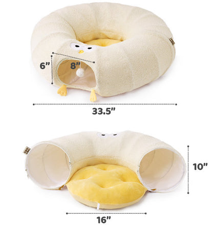 White Cute Foldable Cat Tunnel Bed with Dual-Zipper Detachable & Connectable Design - 2-in-1 Versatile Circular Doughnut Nest & S-Curve Play Center, Easy Fold-Away Storage (85x85x26CM) - view 4