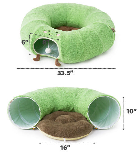 Green Cute Foldable Cat Tunnel Bed with Dual-Zipper Detachable & Connectable Design - 2-in-1 Versatile Circular Doughnut Nest & S-Curve Play Center, Easy Fold-Away Storage (85x85x26CM) - view 4