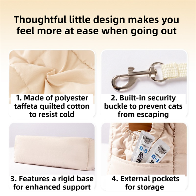 Beige Foldable Insulated Quilted Pet Shoulder Bag with Adjustable Peep Hole & Safety Buckle - Thickened Warm Travel Tote for Small Dogs & Cats Within 5.7KG - view 3