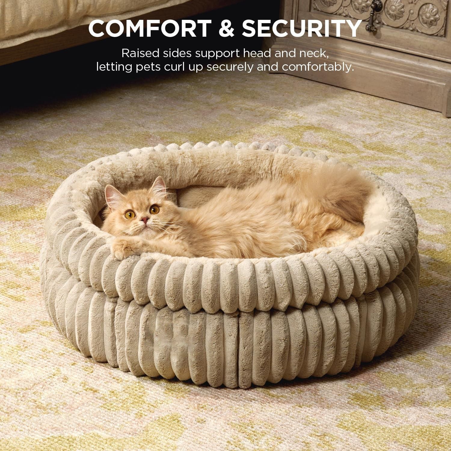 50x50x18 CM Pink Ultra-Soft Thickened Round Pet Bed with Stripe Texture - Plush Self-Warming Donut Nest for Cats and Small Dogs - view 2