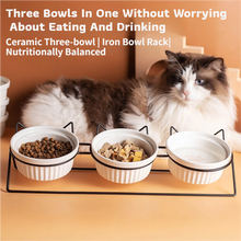 Triple Slanted Ceramic Pet Bowl Set with Elevated Iron Stand and Non Slip Base - 3 x 300ML Versatile Blue Cat Paw Print Pattern Dishes for Water & Food - view 2