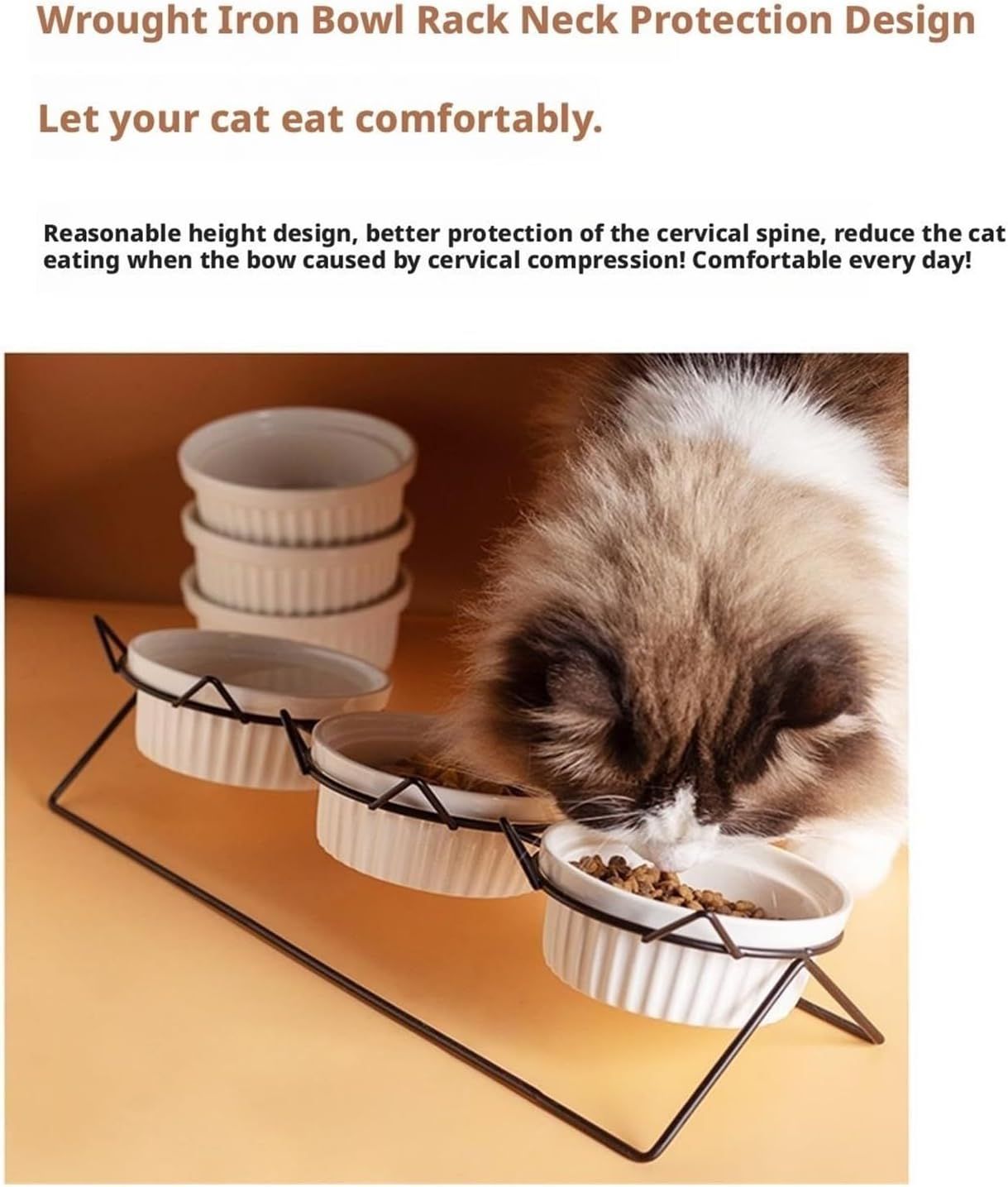 Triple Slanted Ceramic Pet Bowl Set with Elevated Iron Stand and Non Slip Base - 3 x 300ML Versatile Yellow Cat Paw Print Pattern Dishes for Water & Food - view 3